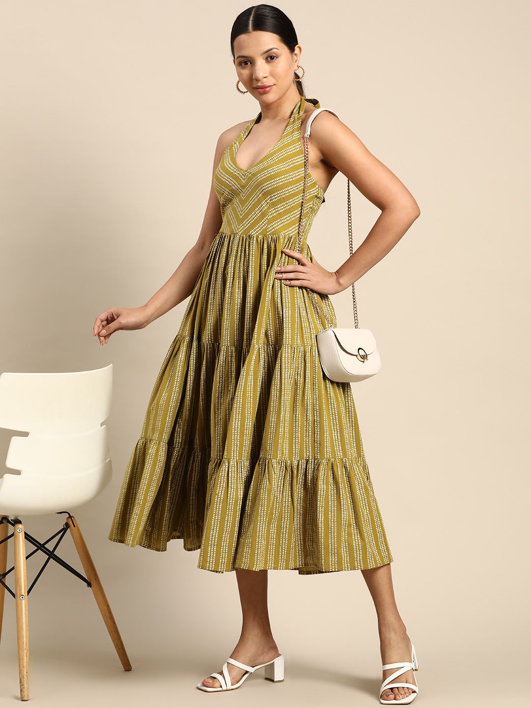 Dhiyona AY Women's Ethnic Motifs Printed Smocked Fit & Flare Midi Dress