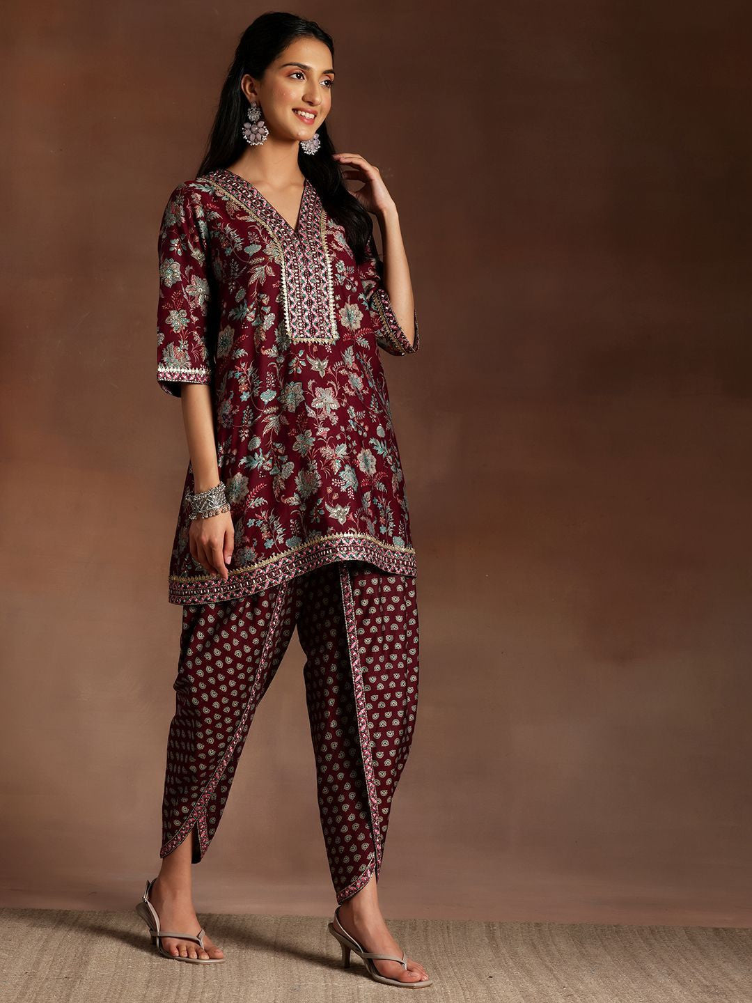 Women Floral Printed Regular Sequinned Kurta with Dhoti Pants & With Dupatta
