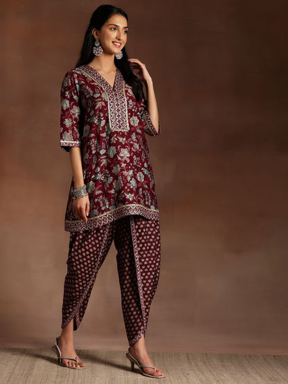 Women Floral Printed Regular Sequinned Kurta with Dhoti Pants & With Dupatta
