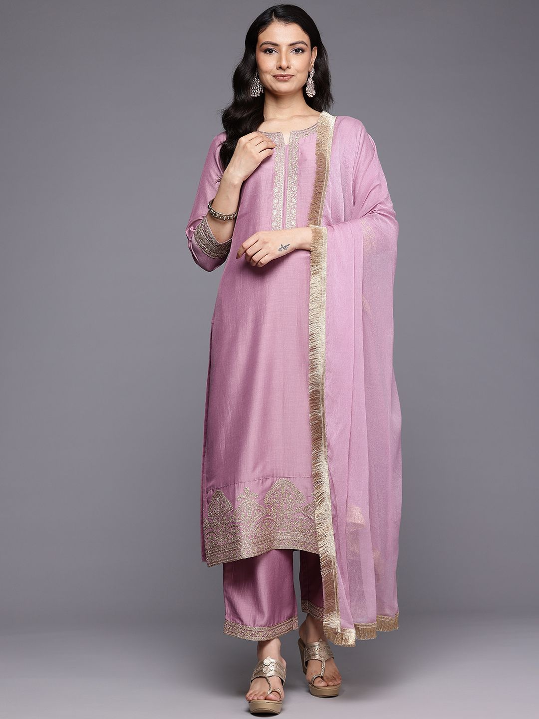 Dhiyona VA Women'sEmbroidered Zari Kurta With Palazzos & Dupatta