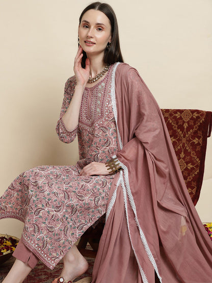 Floral Printed Pure Cotton Round Neck Kurta With Trousers & Dupatta