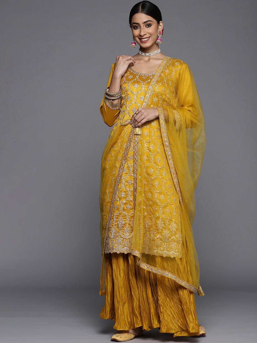 Dhiyona LL Floral Embroidered Sequinned Zari Kurta with Sharara & Dupatta