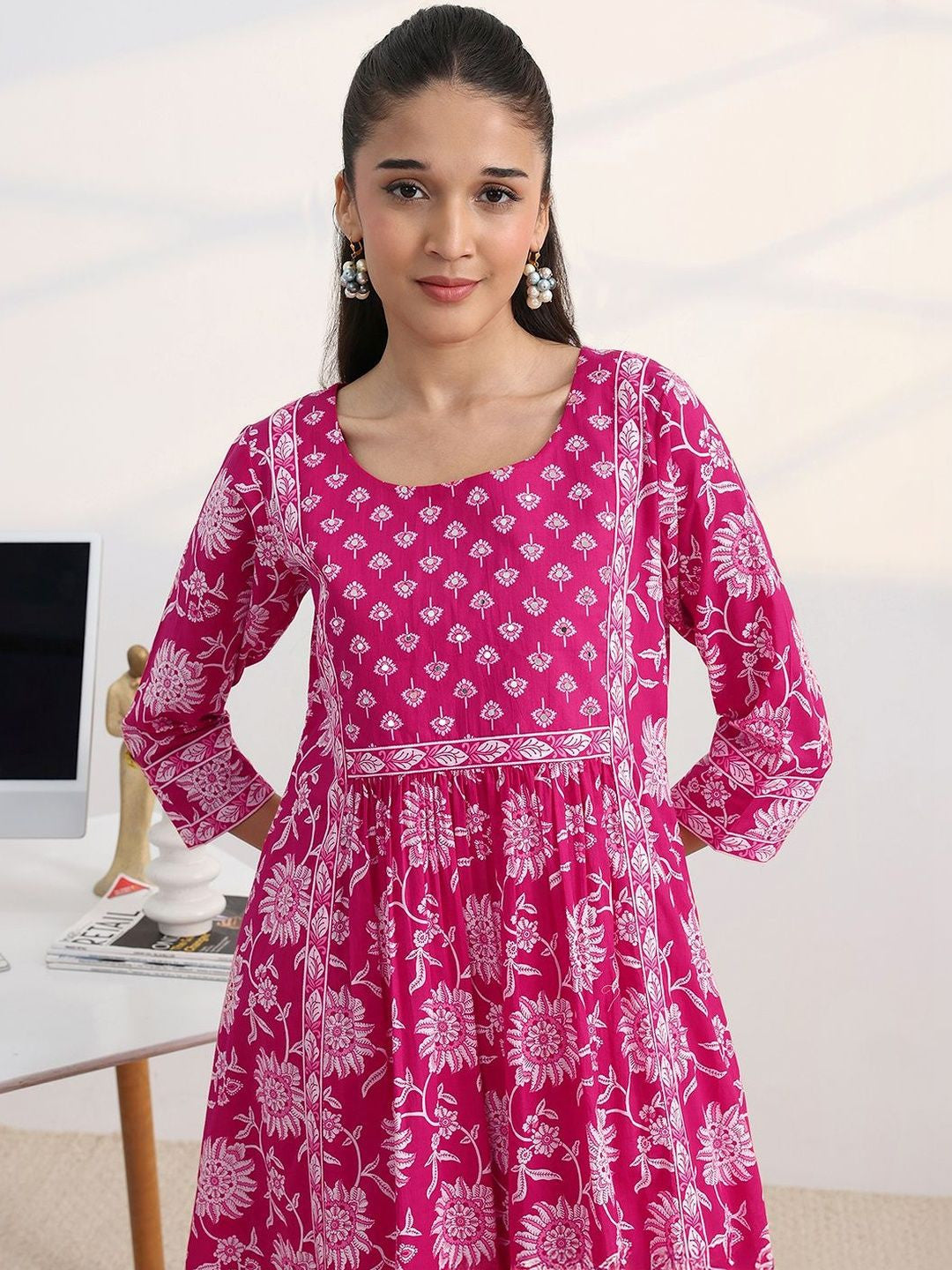 Libas Fuchsia Pink Floral Print A-Line Suit Set with Dupatta