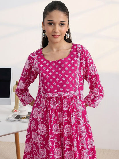 Libas Fuchsia Pink Floral Print A-Line Suit Set with Dupatta
