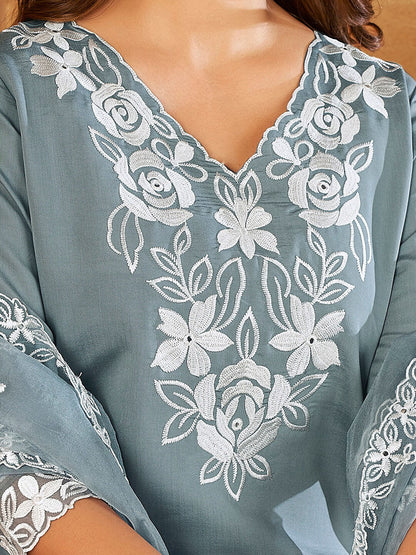 Floral V-neck Embroidered Regular Thread Work Kurta with Trousers & With Dupatta