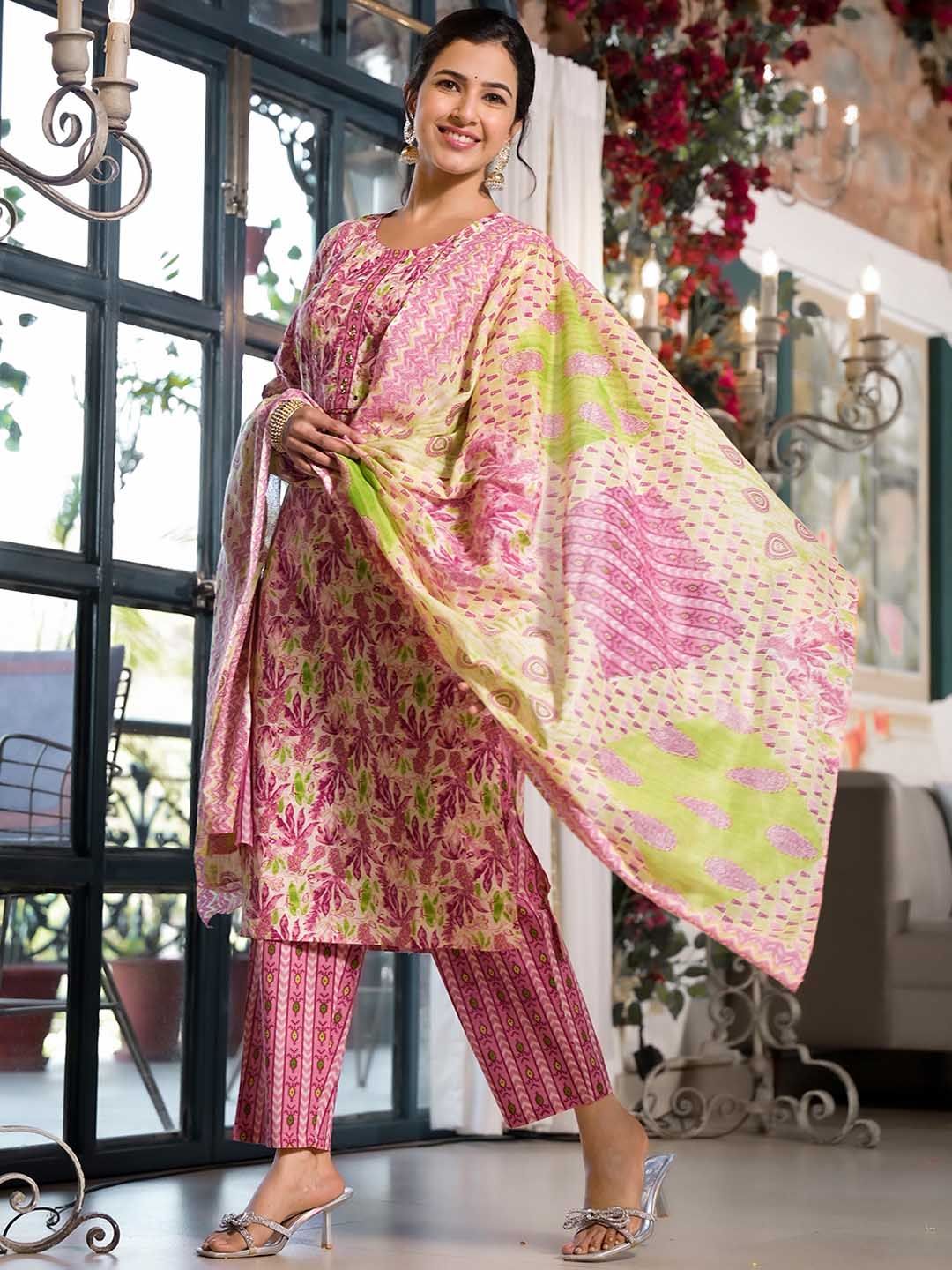 Dhiyona KL Floral Printed Regular Mirror Work Pure Cotton Kurta ,Trousers & Dupatta