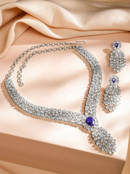 Dhiyona RJ Women's Rhodium-Plated Rich Purple Cubic Zirconia Floral & Leaf-Inspired Luxe Jewellery Set