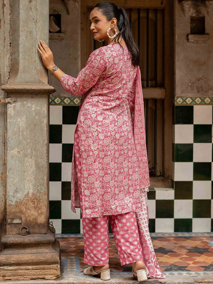 Dhiyona KL Floral Printed Round Neck Pure Cotton Straight Kurta With Trousers & Dupatta