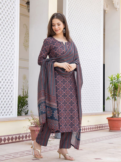 Dhiyona KL Ethnic Motifs Printed Regular Gotta Patti Straight Kurta with Trousers & Dupatta