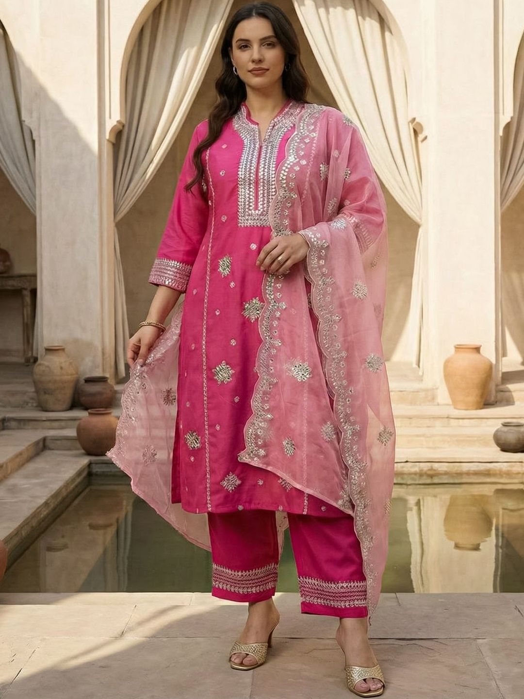 Dhiyona Women's Ethnic Motifs Embroidered Regular Thread Work Kurta with Trousers & With Dupatta