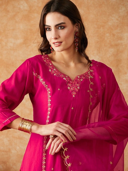 Dhiyona SN Women's Pink Floral Embroidered Sequinned Kurta With Trouser & Dupatta