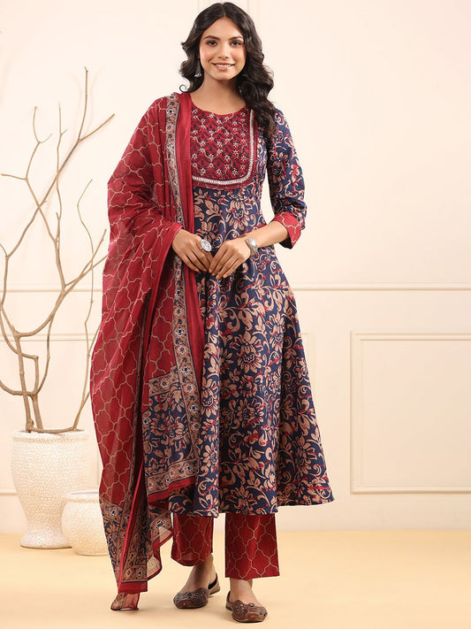 Dhiyona RR Women's Floral Embroidered Pure Cotton Kurta with Trousers & Dupatta