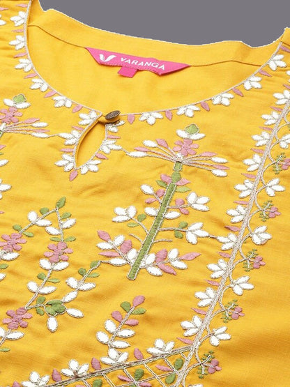 Mustard Xtra Yoke Design Gotta Patti Pure Cotton Kurta With Trousers & Dupatta