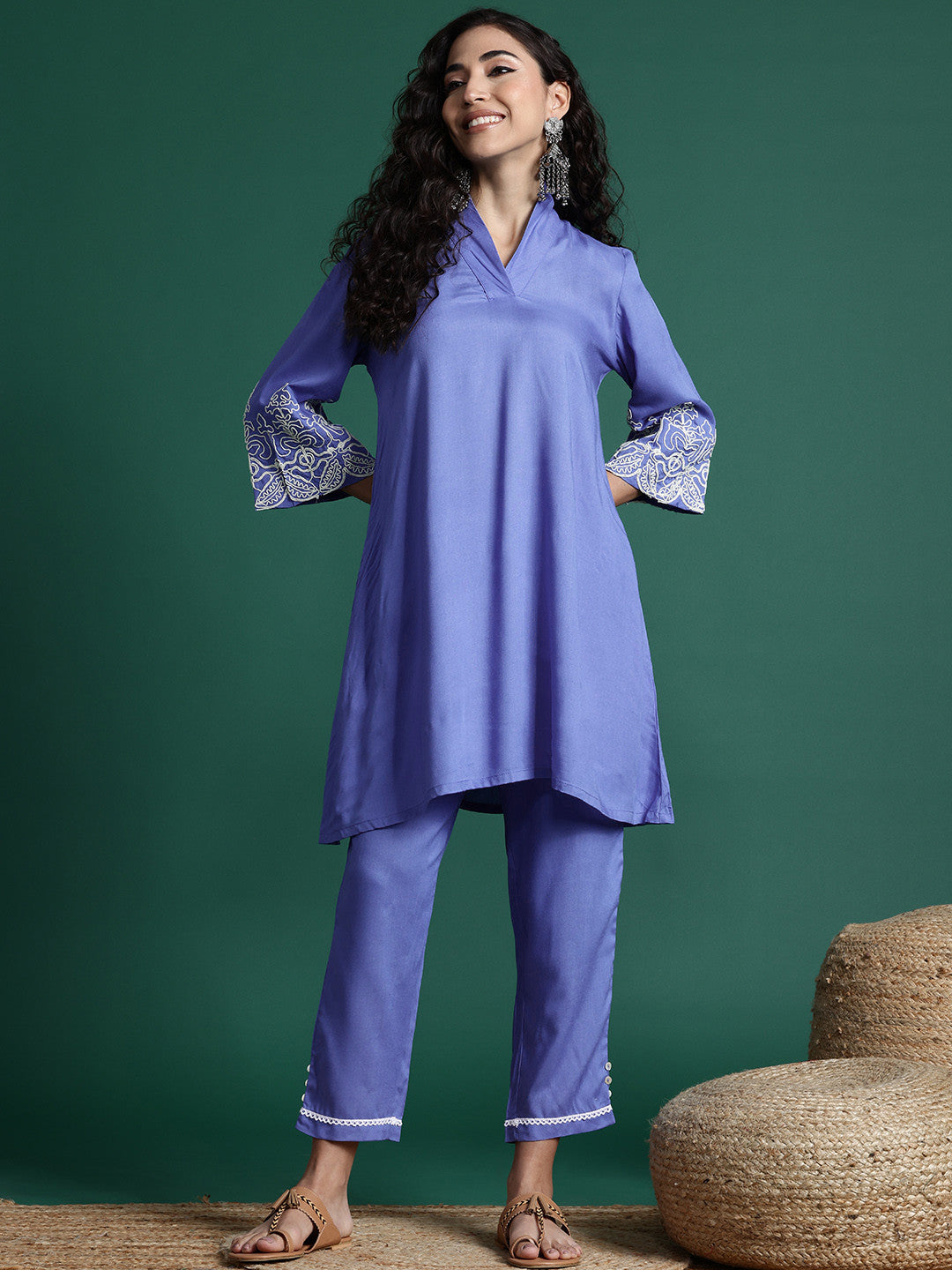 Thread-Work Shawl Collar Kurta with Trousers