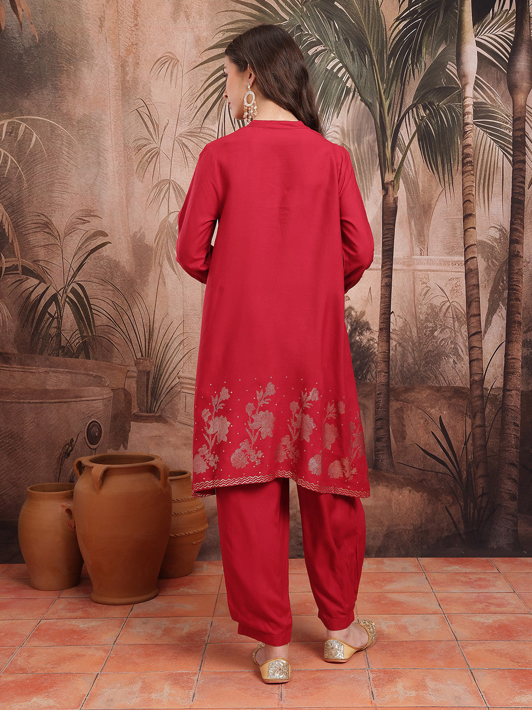 Floral Foil Print Mandarin Collar Regular A-Line Kurta with Salwar