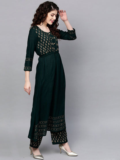 Dhiyona IS Women's Women Green Ethnic Motifs Yoke Design Kurta with Trousers