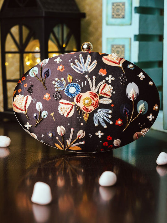 Dhiyona NR Brown & Blue Embroidered Embellished Box Clutch