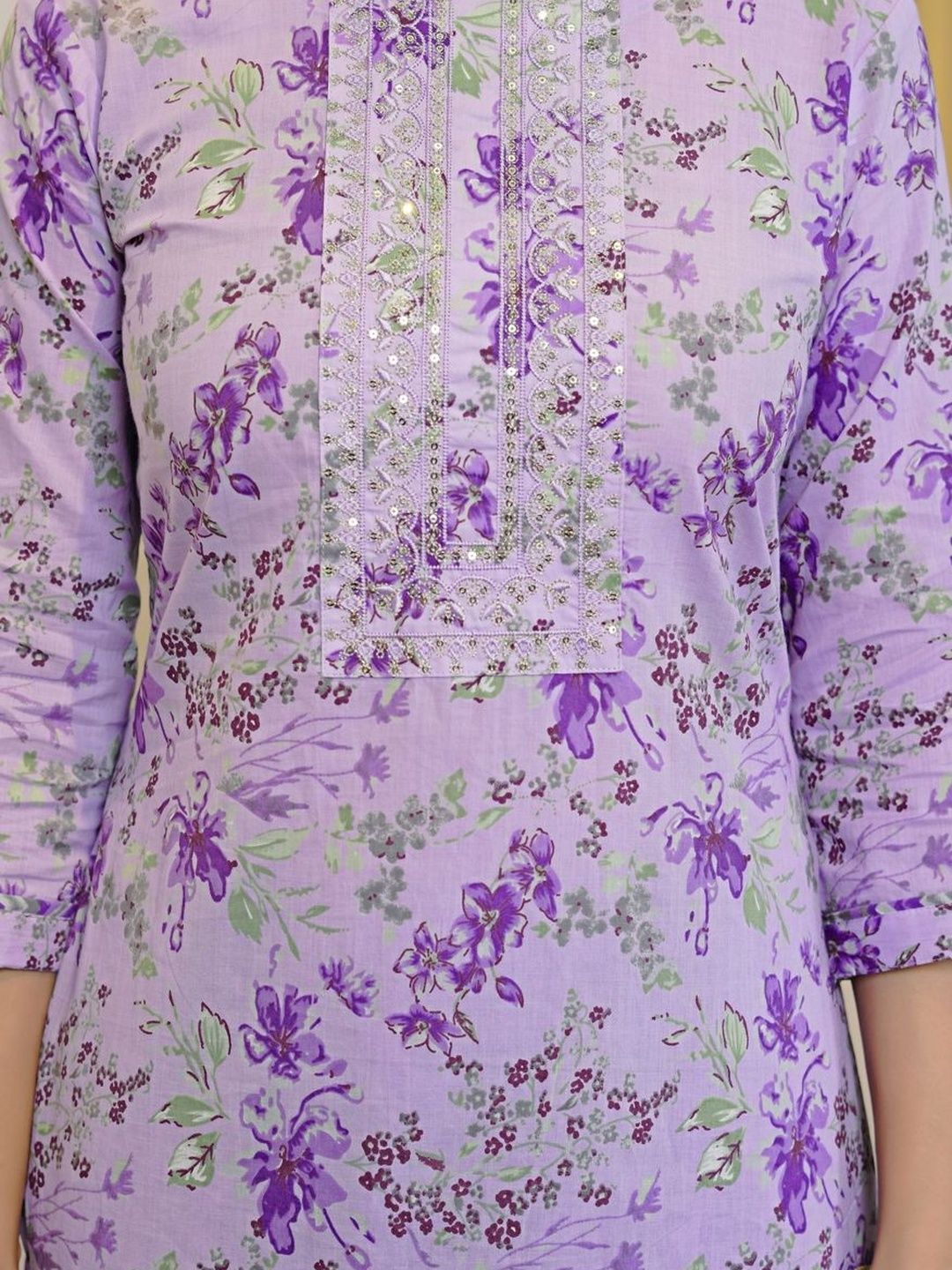 Dhiyona KL Floral Printed Regular Sequinned Pure Cotton Kurta With Trousers & Dupatta