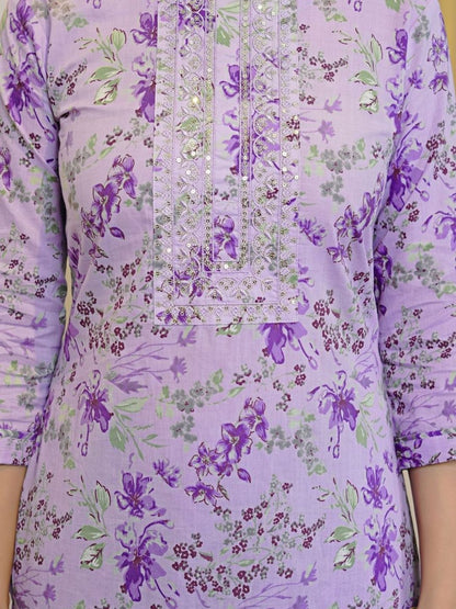 Dhiyona KL Floral Printed Regular Sequinned Pure Cotton Kurta With Trousers & Dupatta
