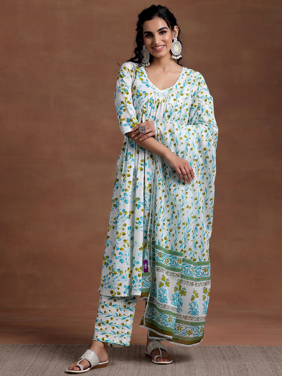 V Neck Floral Printed Pleated Pure Cotton A Line Kurta with Palazzo & Dupatta