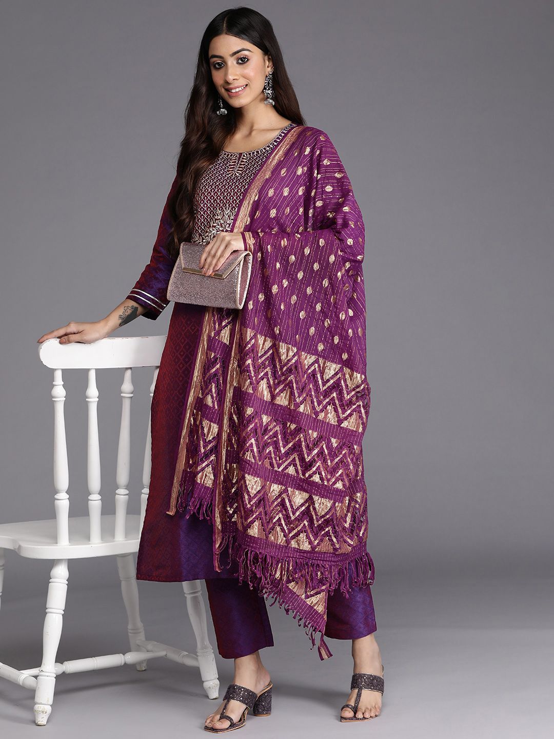 Purple Purple Geometric Woven Design Thread Work Jacquard Kurta with Trousers & Dupatta