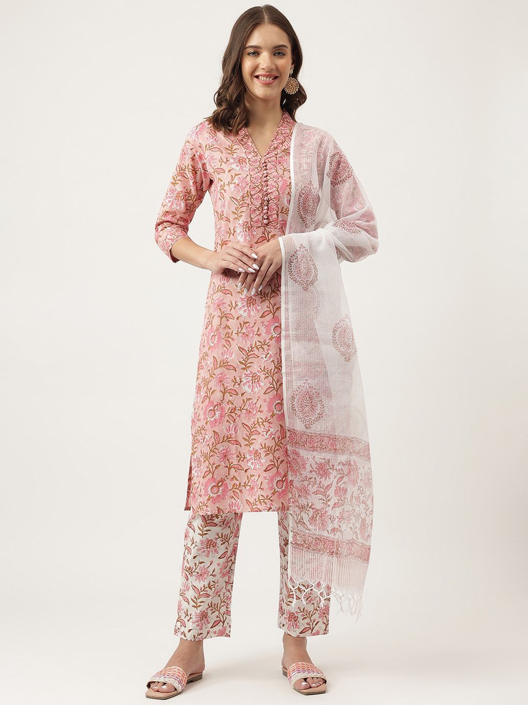 Dhiyona KL Floral Printed V-Neck Pure Cotton Straight Kurta & Trouser With Dupatta