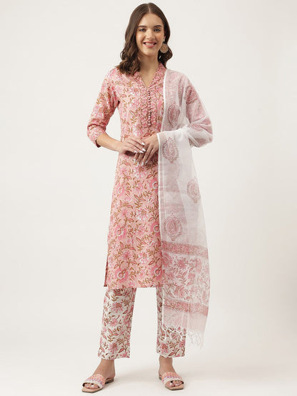 Dhiyona KL Floral Printed V-Neck Pure Cotton Straight Kurta & Trouser With Dupatta