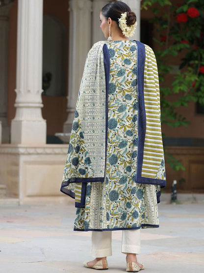 Dhiyona RR Women's Floral Printed Thread Work Pure Cotton Kurta with Trousers & With Dupatta