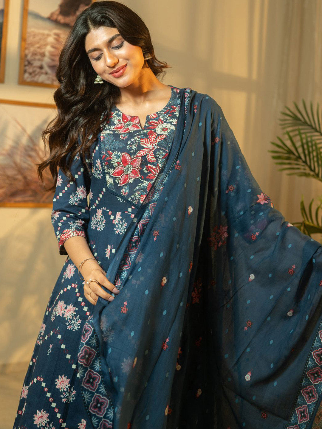 Floral Printed Beads & Stones Pure Cotton A-Line Kurta With Trousers & Dupatta