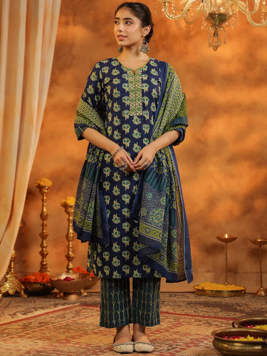 Dhiyona RR Women's Floral Printed Regular Pure Cotton Kurta with Trousers & With Dupatta
