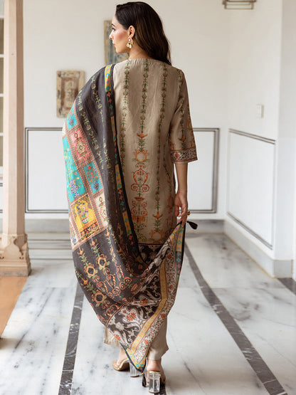 Ethnic Motifs Printed Mandarin Collar Modal Tissue Kurta & Trousers With Dupatta