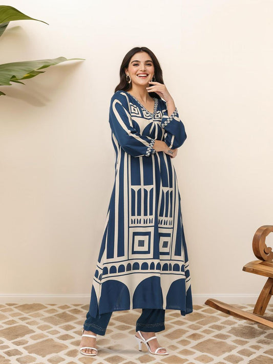 Dhiyona IS Women's Geometric Quirky Printed A- Line Kurta and Pants with Embroidered Hem