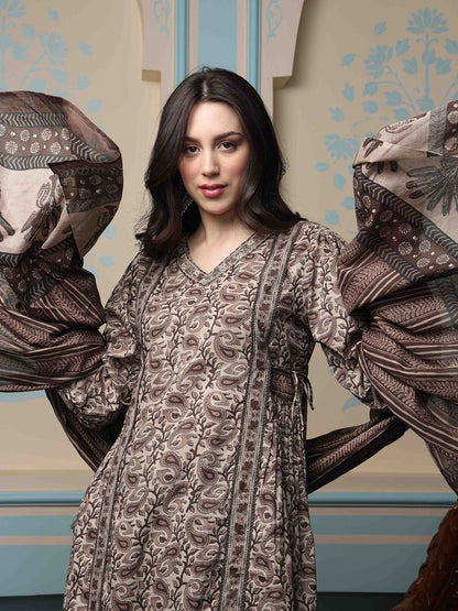 Dhiyona IS Women's Kalamkari Printed Kurta with Trouser & Dupatta