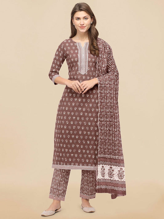 Dhiyona KL Women Brown Ethnic Motifs Printed Gotta Patti Pure Cotton Kurta with Trousers & With Dupatta