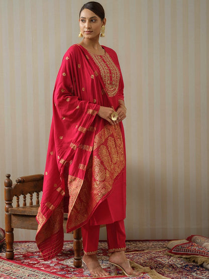 Dhiyona OD  Pink Ethnic Motifs Straight Kurta & Trousers With Dupatta