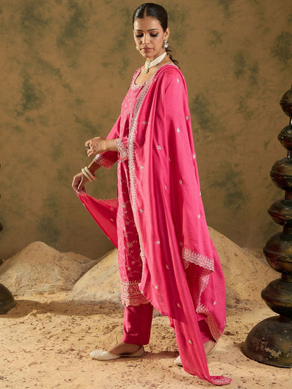 Dhiyona IE Women Ethnic Motifs Embroidered Regular Thread Work Kurta with Trousers & With Dupatta