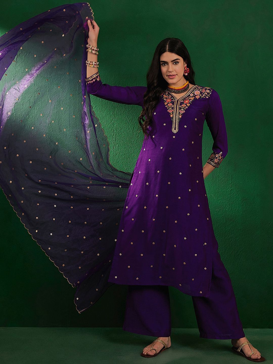 Dhiyona SN Ethnic Embroidered Sequined Zari V-Neck Kurta With Palazzo & Dupatta