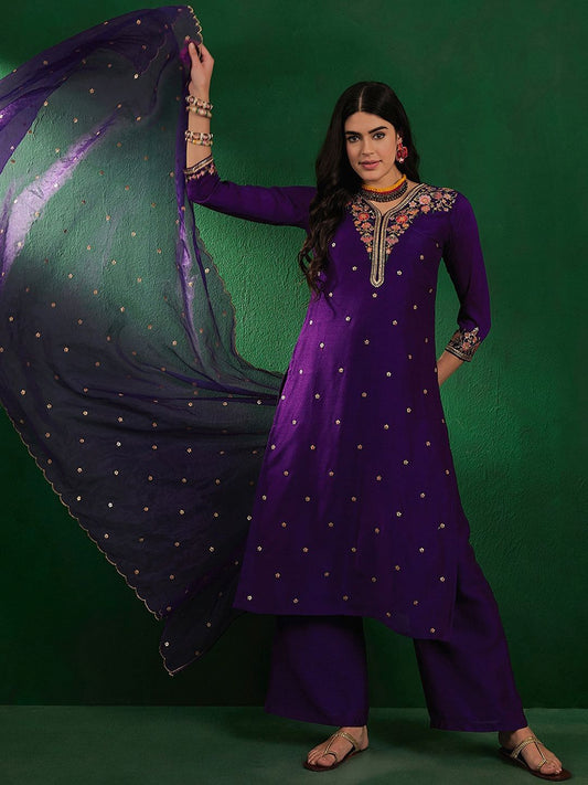 Dhiyona SN Ethnic Embroidered Sequined Zari V-Neck Kurta With Palazzo & Dupatta
