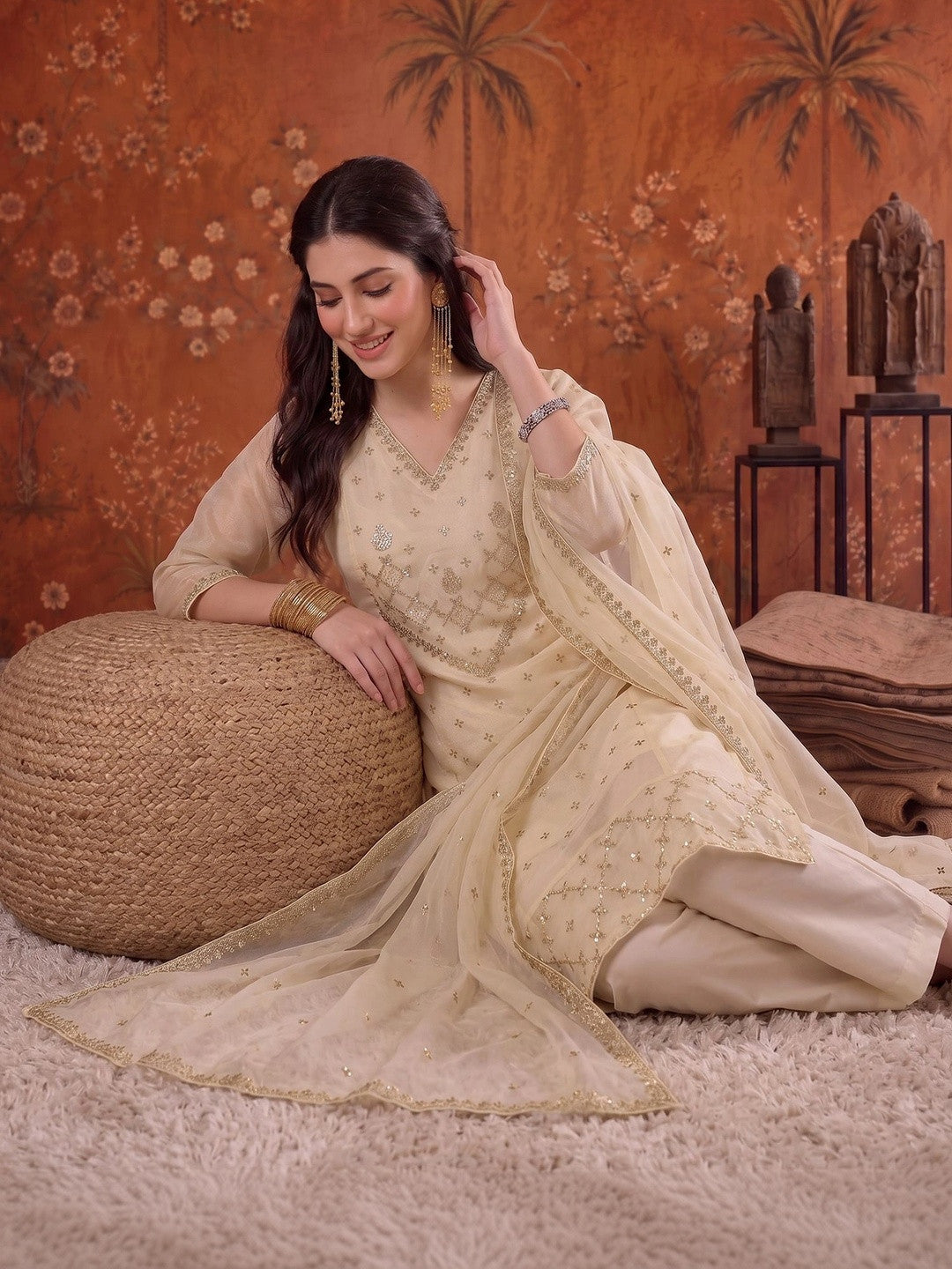 Embroidered V-Neck Kurta & Trousers With Dupatta