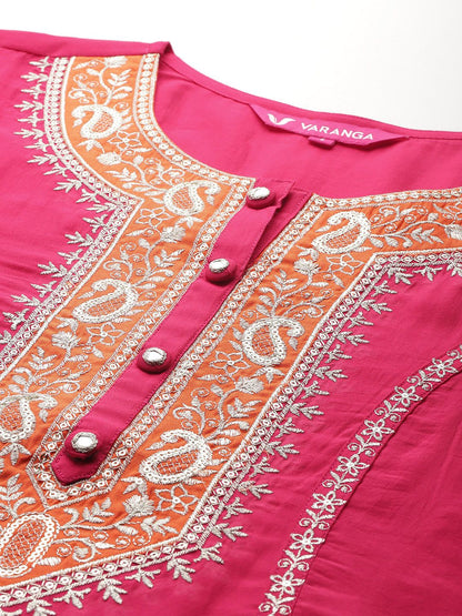 Dhiyona VA Ethnic Motifs Embroidered Zari Panelled Kurta With Palazzos & Dupatta