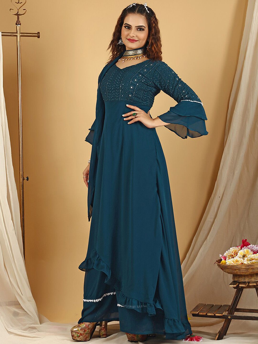 Dhiyona KL Floral Embroidered Regular Sequinned Anarkali Kurta With Palazzos & Dupatta