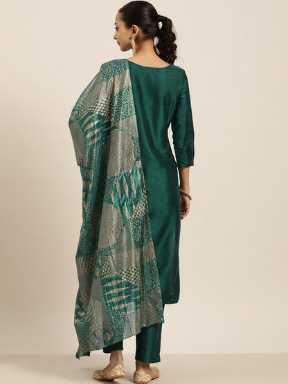 Women Green & Golden Printed Kurta with Trousers & Dupatta