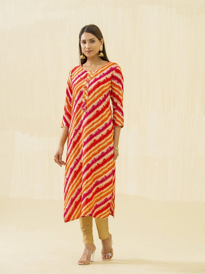 Dhiyona OD  Orange Striped Round Neck Gotta Patti Straight Kurta