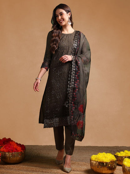 Dhiyona KL Floral Printed Sequinned Straight Organza Kurta with Trousers & Dupatta