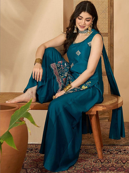 Dhiyona SN Embroidered Round Neck Straight Kurta & Palazzos With Dupatta