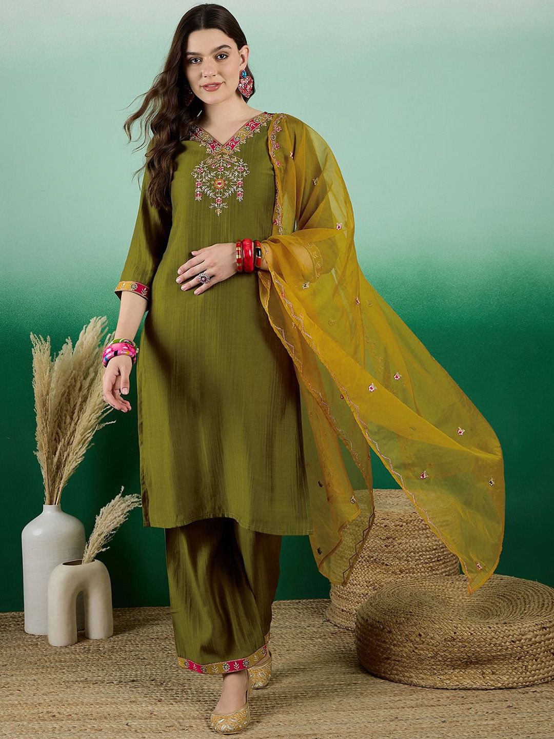 Dhiyona SN Embroidered Zari Sequence Straight Kurta Palazzo & Dupatta Set