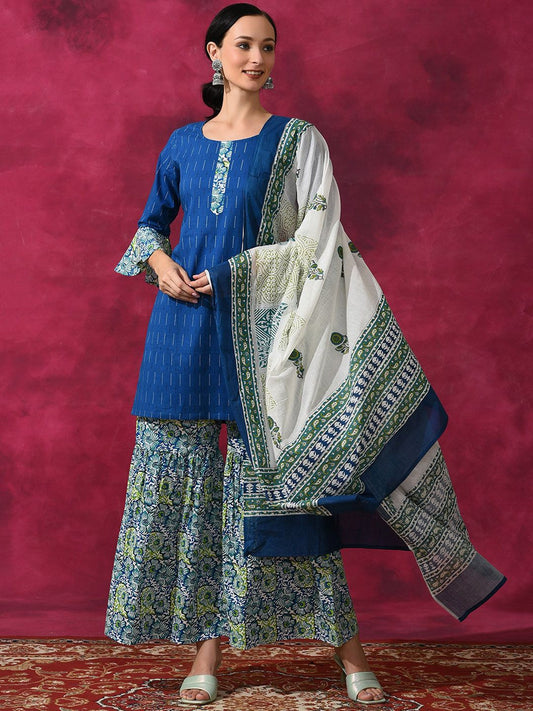 Dhiyona AN Blue Ethnic Motifs Printed Regular Pure Cotton Kurti with Sharara & Dupatta