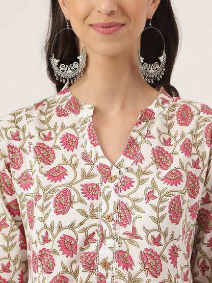 Dhiyona KL Floral Printed Mandarin Collar Pure Cotton Anarkali Kurta With Palazzos & Dupatta