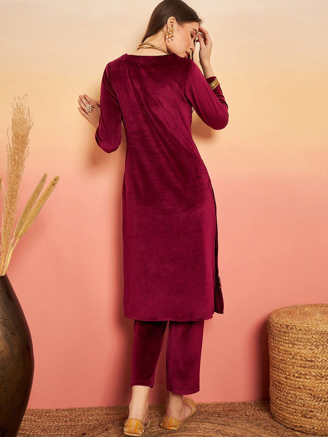 Ethnic Motifs Embroidered Winter Velvet Kurta & Trousers