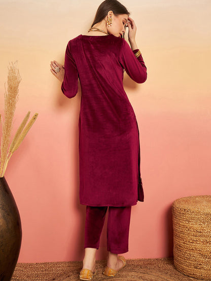 Ethnic Motifs Embroidered Winter Velvet Kurta & Trousers